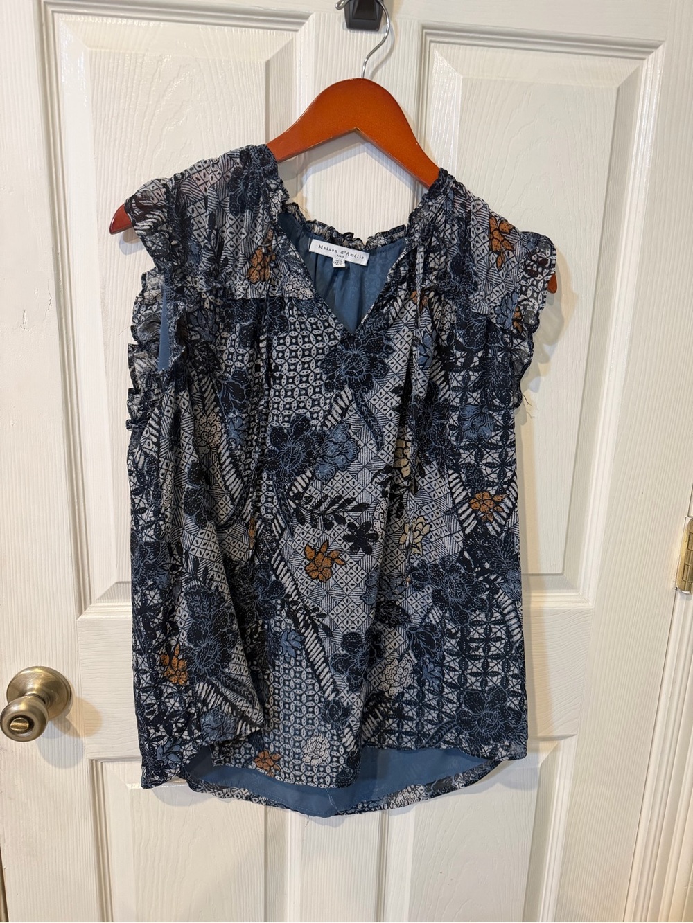 Anthropologie Blue Floral Ruffle Sleeve Blouse